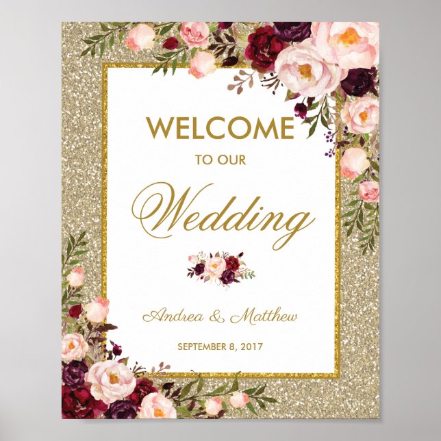 Póster Burgundy Floral Glitter Wedding Welcome Poster (Frente)