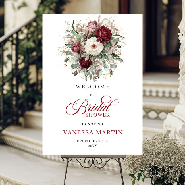 Póster Burgundy Floral Gold Bridal Shower Welcome (Burgundy Floral Gold Bridal Shower Welcome)