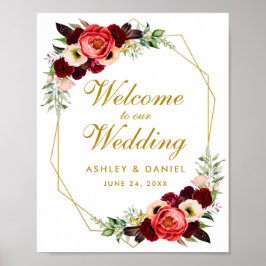 Póster Burgundy Floral Gold Frame Boho Wedding Welcome