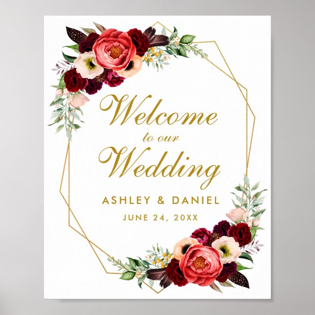 Póster Burgundy Floral Gold Frame Boho Wedding Welcome (Frente)