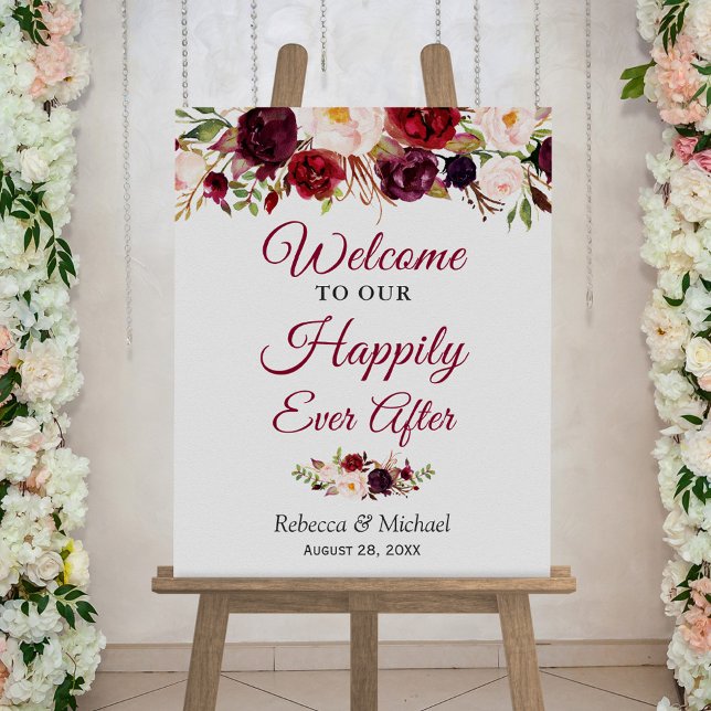 Póster Burgundy Floral Happily Ever After Wedding Sign (Subido por el creador)