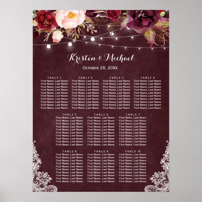 Póster Burgundy Floral Luces Lace Boda (Frente)