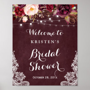Póster Burgundy Floral Luces Lace Bridal Shower Rótulo