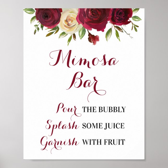 Póster Burgundy Floral Mimosa Bar Boda Despedida de Solte (Frente)