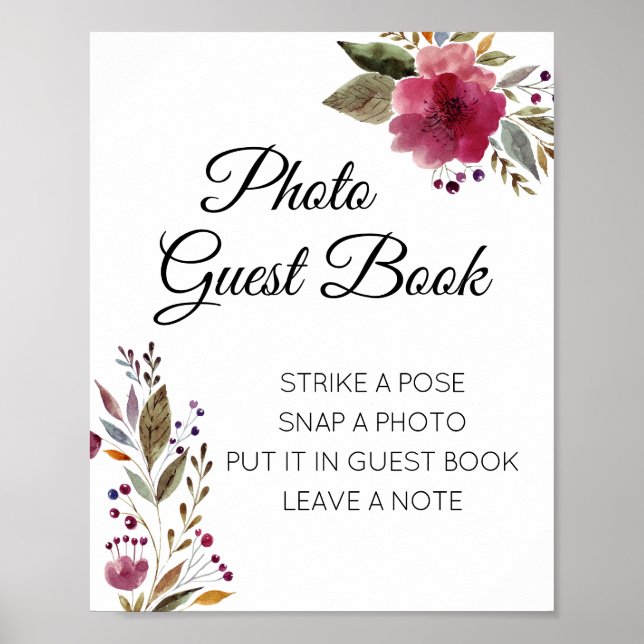 Póster Burgundy Floral Photo Guest Book Boda Rótulo (Frente)