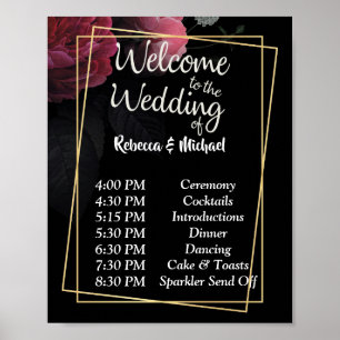 Póster Burgundy Floral Rustic Wedding Order of Events P