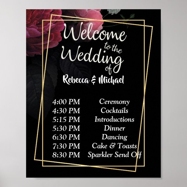 Póster Burgundy  Floral Rustic Wedding Order of Events P (Frente)