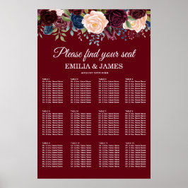 Póster Burgundy Floral, tabla de asientos Boda