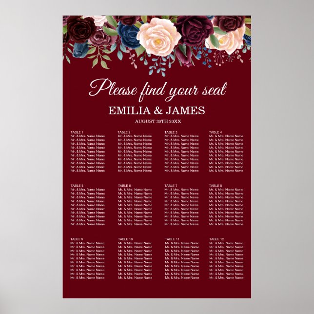 Póster Burgundy Floral, tabla de asientos Boda (Frente)