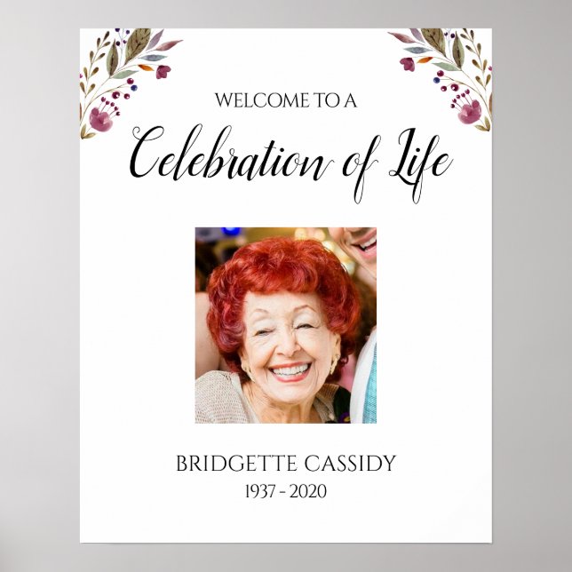 Póster Burgundy Floral Welcome Celebration Of Life Photo (Frente)