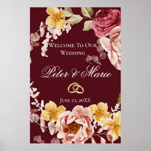 Póster Burgundy Floral Welcome Wedding Poster 1 of 3