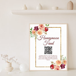 Póster Burgundy Gold Floral Autumn Wedding Honeymoon Fund