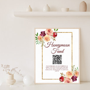 Póster Burgundy Gold Floral Autumn Wedding Honeymoon Fund