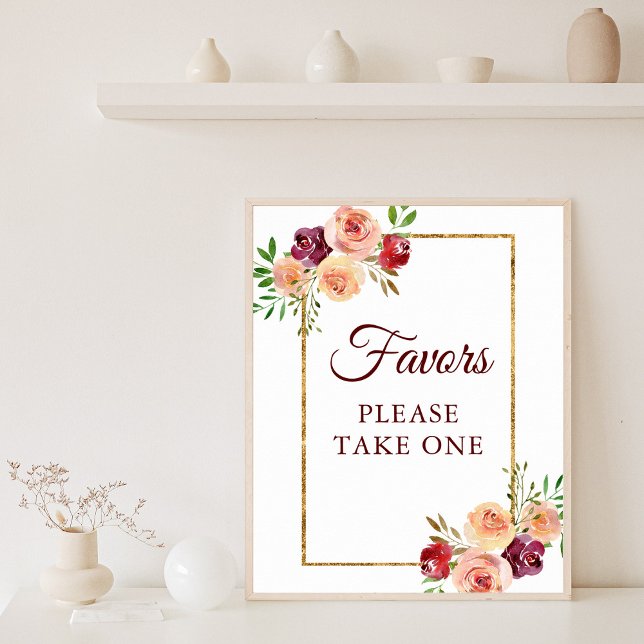 Póster Burgundy Gold Floral Chic Autumn Wedding Favors (Subido por el creador)