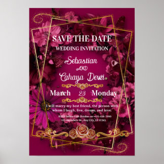 Póster Burgundy Gold Floral Wedding