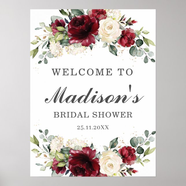 Póster Burgundy Ivory Floral Bridal Shower Welcome Sign (Frente)