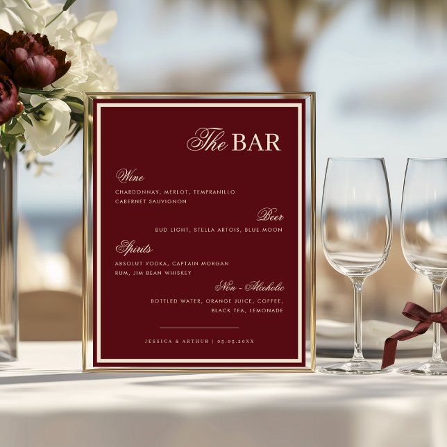 Póster Burgundy & Ivory The Wedding Bar Drink Menu Sign (Subido por el creador)