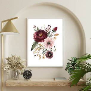 Póster Burgundy Marrón Rosa Acuarela Floral Botánico