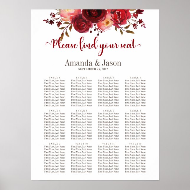 Póster Burgundy Marsala Boda rojo floral (Frente)