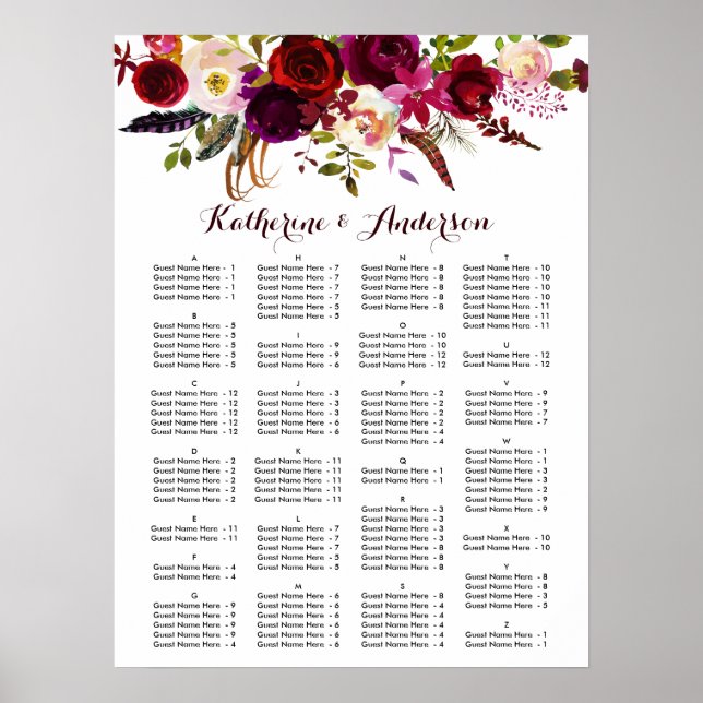Póster Burgundy Marsala Boho Boda Floral (Frente)