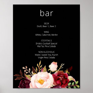 Póster Burgundy Marsala Floral Bar Rótulo Negro