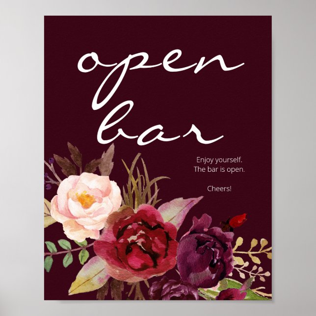 Póster Burgundy Marsala Floral Open Bar Rótulo Borgoña (Frente)