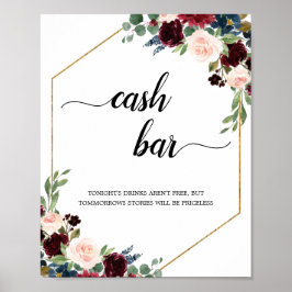 Póster Burgundy Marsala Rótulo Floral Geométrico Cash Bar