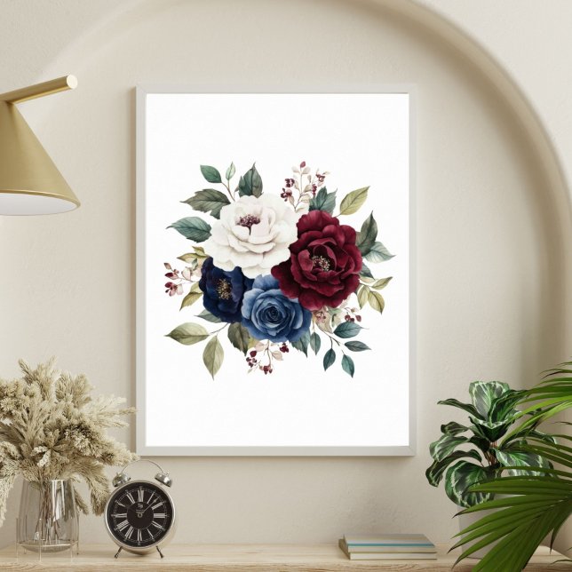 Póster Burgundy Navy Blue Maroon White Floral Bouquet (Burgundy Maroon, Navy blue White Floral Poster Print. Printed or Digital Download)