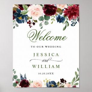 Póster Burgundy Navy Blush Bienvenida Floral de Boda