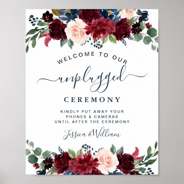 Póster Burgundy Navy Blush Unplugged Wedding Ceremony (Frente)