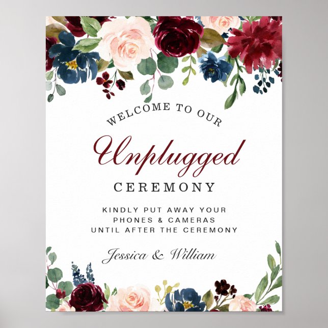 Póster Burgundy Navy Blush Unplugged Wedding Ceremony (Frente)