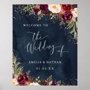 Póster Burgundy Navy Floral Bienvenida Boda Polvo de Oro