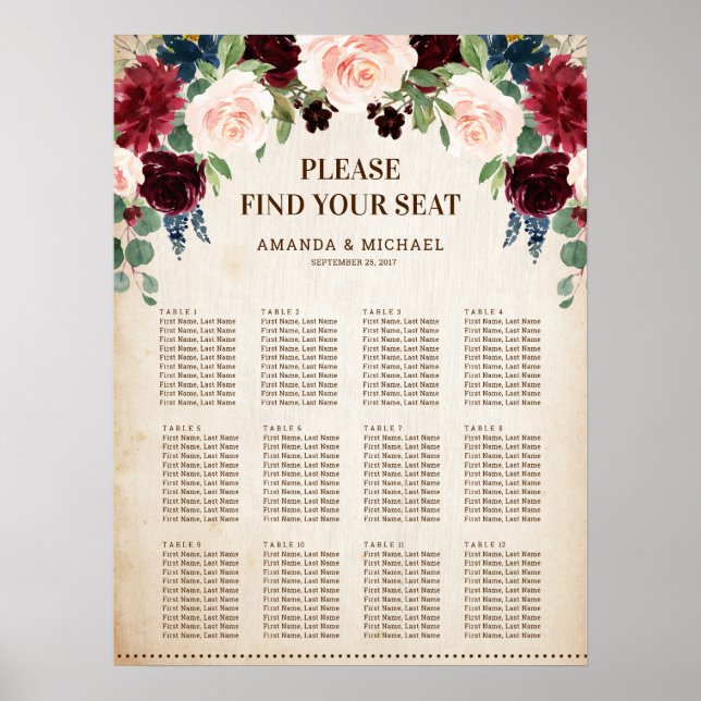 Póster Burgundy Navy Floral Rustic Cards and Gifts Poster (Frente)