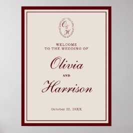 Póster Burgundy Old Money Wedding Welcome Sign