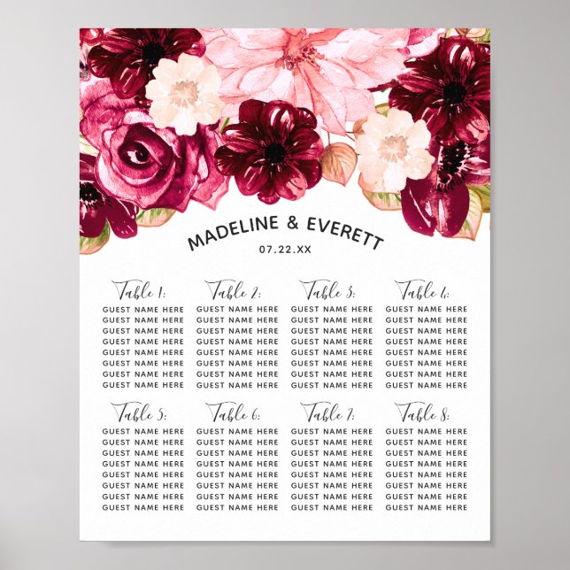 Póster Burgundy & Pink Floral Wedding Table Seating Chart (Frente)