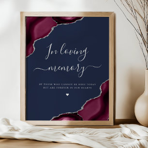Póster Burgundy Plata Ágata Azul Marino Boda Memorial
