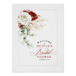 Póster Burgundy Red and White Chic Bridal Shower Welcome