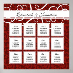 Póster Burgundy Red Damask 12 Wedding Table Seating Chart