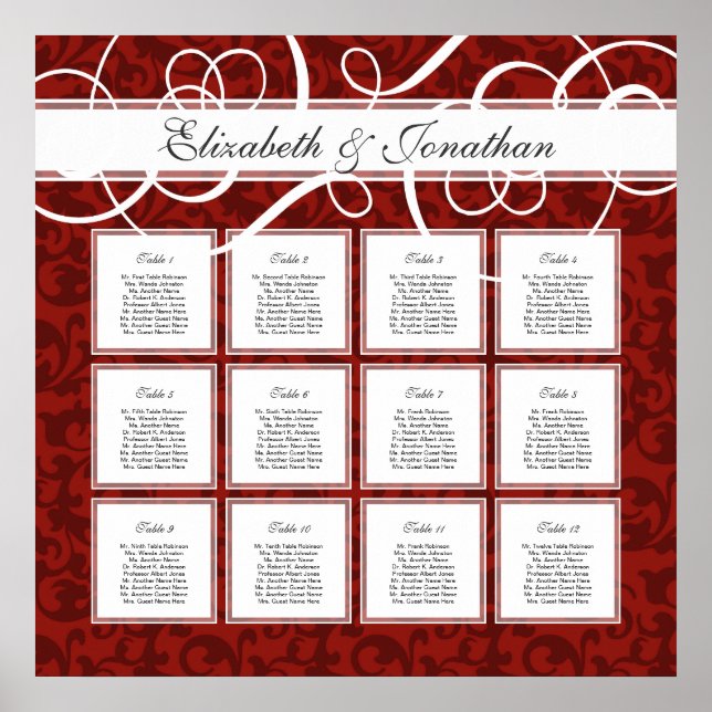 Póster Burgundy Red Damask 12 Wedding Table Seating Chart (Frente)