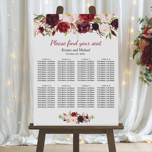 Póster Burgundy Red Floral 8 Tablas Boda Tabla de asiento (Subido por el creador)