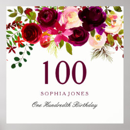Póster Burgundy Red Floral Boho 100 cumpleaños