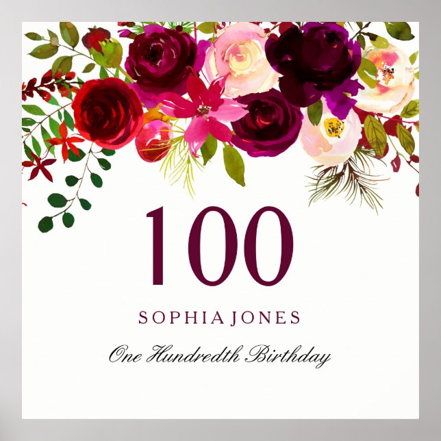 Póster Burgundy Red Floral Boho 100 cumpleaños (Frente)