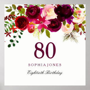 Póster Burgundy Red Floral Boho 80 cumpleaños