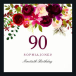 Póster Burgundy Red Floral Boho 90th Birthday Party<br><div class="desc">Borgoña Red Floral Boho 90th Birthday Party Poster Ver colección coincidente en Niche y Nest Store</div>