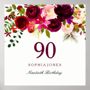 Póster Burgundy Red Floral Boho 90th Birthday Party