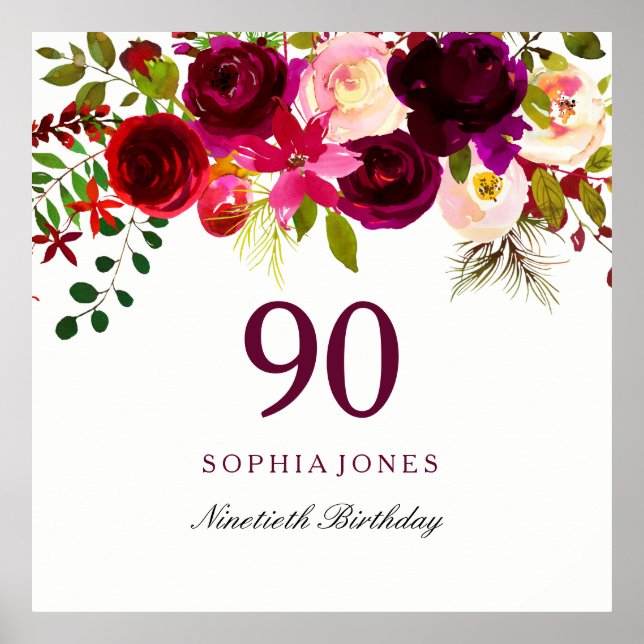 Póster Burgundy Red Floral Boho 90th Birthday Party (Frente)