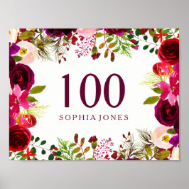 Póster Burgundy Red Floral Boho Rótulo 100 cumpleaños