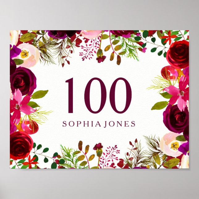 Póster Burgundy Red Floral Boho Rótulo 100 cumpleaños (Frente)