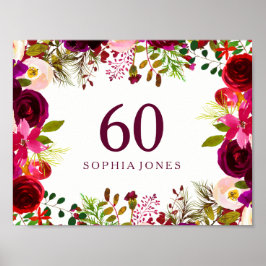 Póster Burgundy Red Floral Boho Rótulo 60 cumpleaños