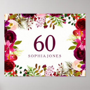 Póster Burgundy Red Floral Boho Rótulo 60 cumpleaños